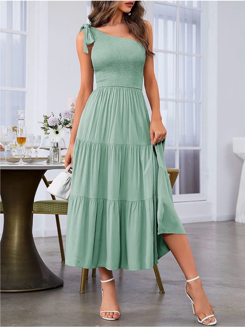 One-Shoulder Sage Green Tiered Midi Dress with Smocked Bodice